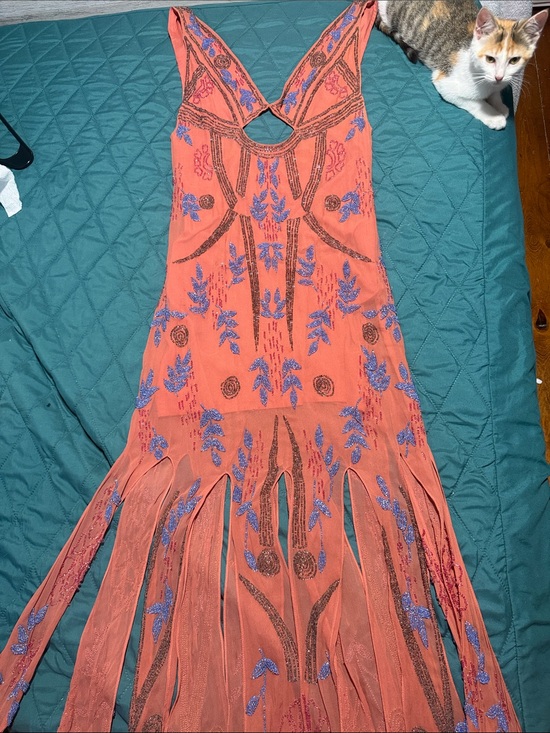 Free People Dresses & Skirts - Free People Coral Maxi Dress with Blue Embroidery